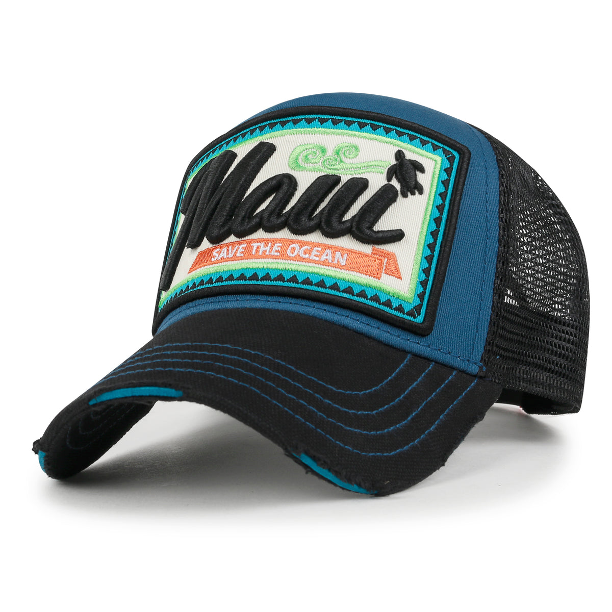 ililily Premium Maui Embroidery Patch Mesh Baseball Cap Distressed Trucker Hat