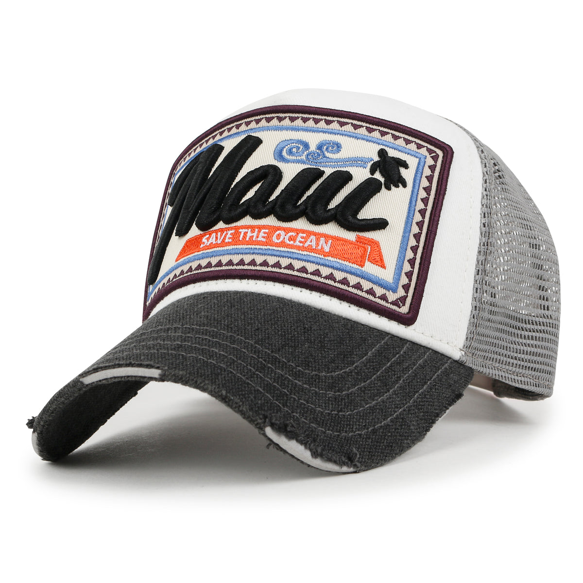 ililily Premium Maui Embroidery Patch Mesh Baseball Cap Distressed Trucker Hat