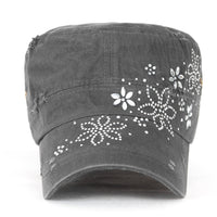 ililily Crystal Gemstone Stud Flower Vintage Cotton Military Army Hat Cadet Cap