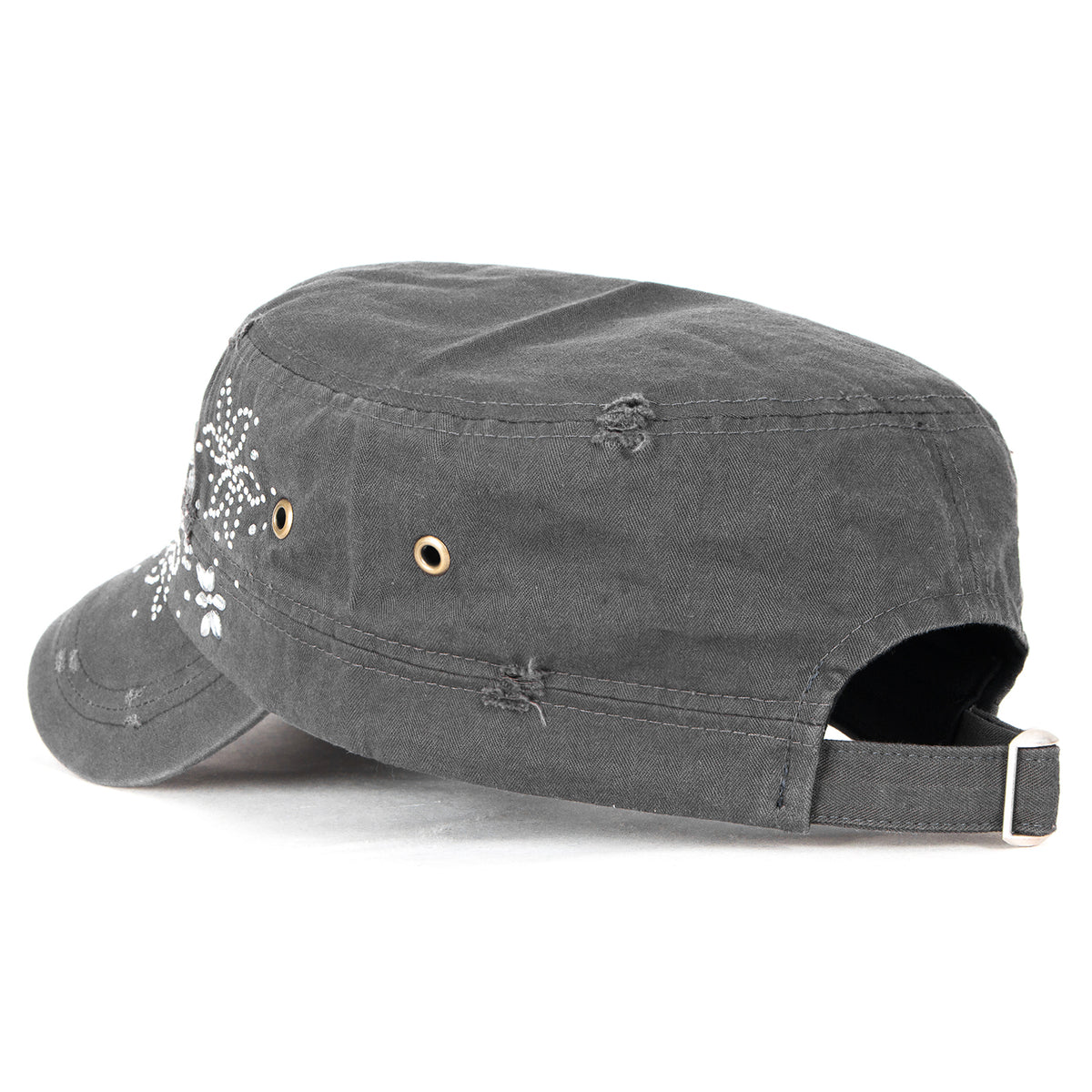 ililily Crystal Gemstone Stud Flower Vintage Cotton Military Army Hat Cadet Cap