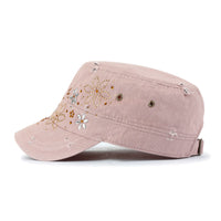 ililily Crystal Gemstone Stud Flower Vintage Cotton Military Army Hat Cadet Cap