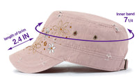 ililily Crystal Gemstone Stud Flower Vintage Cotton Military Army Hat Cadet Cap