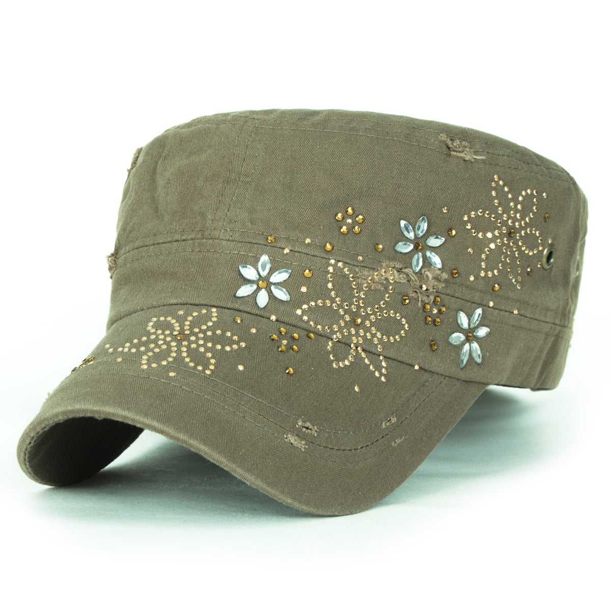 ililily Crystal Gemstone Stud Flower Vintage Cotton Military Army Hat Cadet Cap