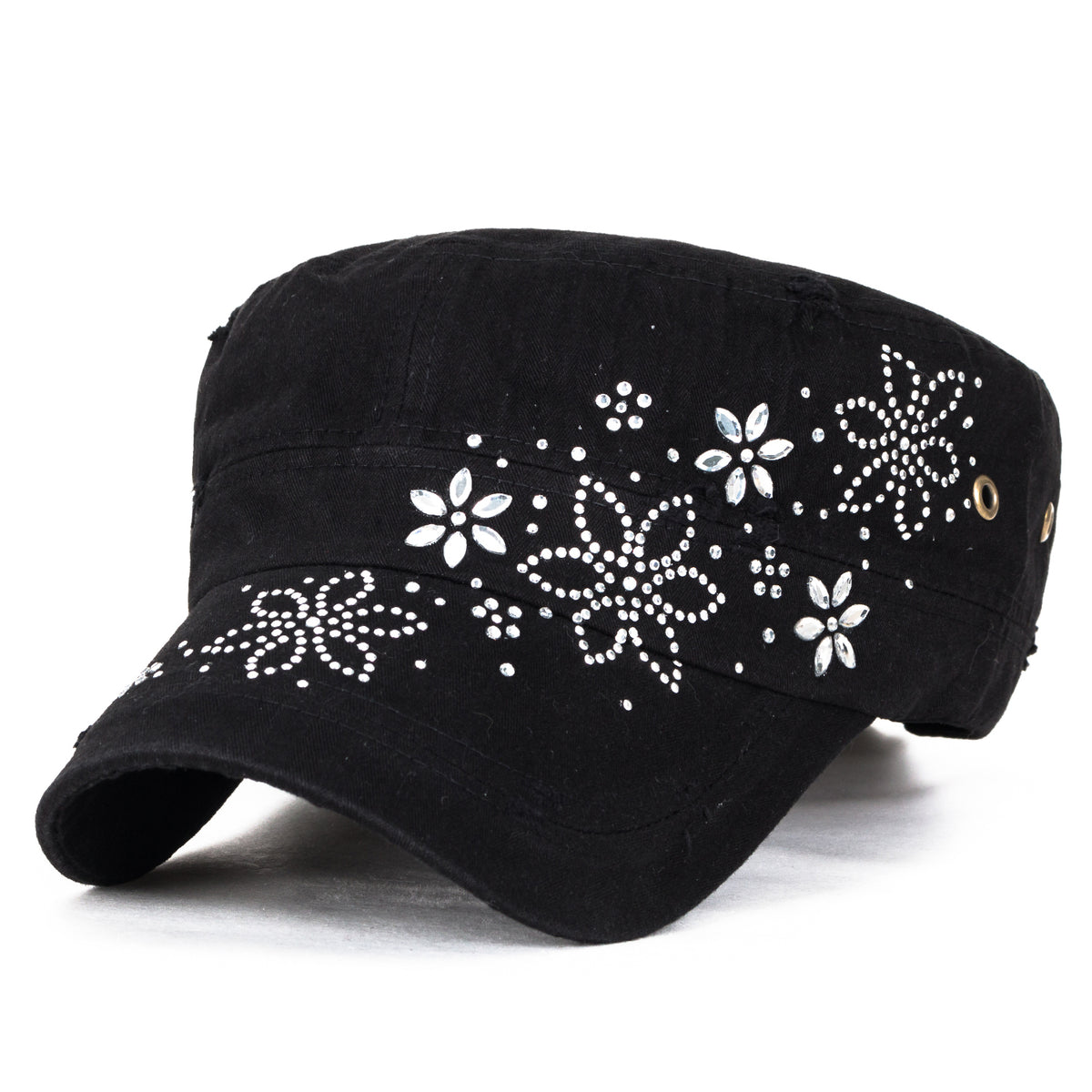 ililily Crystal Gemstone Stud Flower Vintage Cotton Military Army Hat Cadet Cap