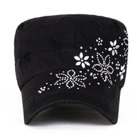 ililily Crystal Gemstone Stud Flower Vintage Cotton Military Army Hat Cadet Cap