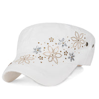 ililily Crystal Gemstone Stud Flower Vintage Cotton Military Army Hat Cadet Cap