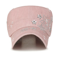 ililily Crystal Gemstone Stud Flower Vintage Cotton Military Army Hat Cadet Cap