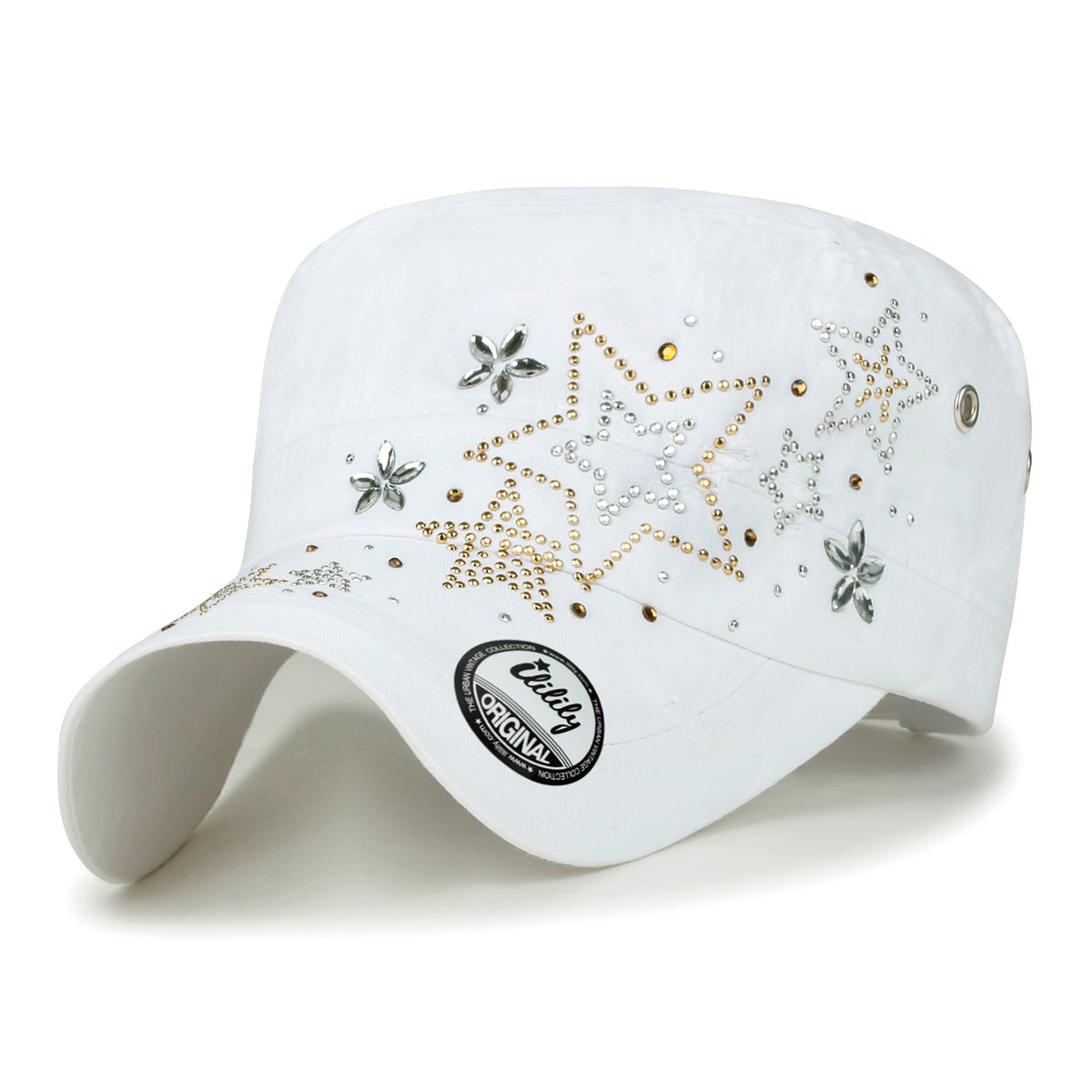 ililily Crystal Gemstone Stud Flower Vintage Cotton Military Army Hat Cadet Cap