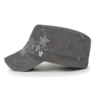 ililily Crystal Gemstone Stud Flower Vintage Cotton Military Army Hat Cadet Cap