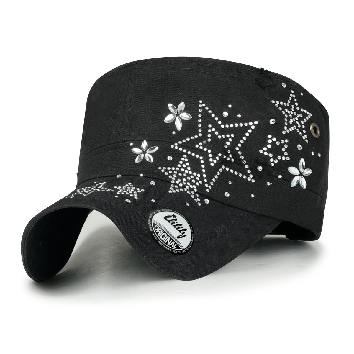 ililily Crystal Gemstone Stud Flower Vintage Cotton Military Army Hat Cadet Cap