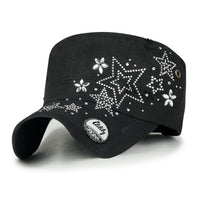 ililily Crystal Gemstone Stud Flower Vintage Cotton Military Army Hat Cadet Cap