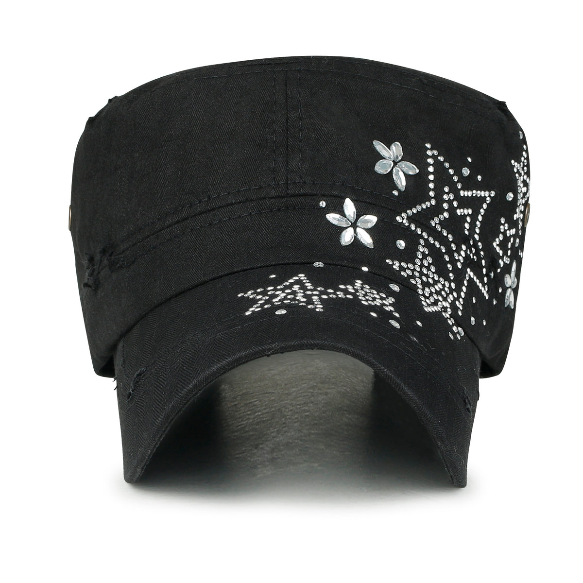 ililily Crystal Gemstone Stud Flower Vintage Cotton Military Army Hat Cadet Cap