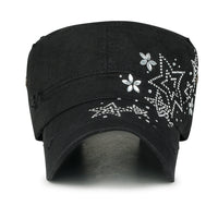ililily Crystal Gemstone Stud Flower Vintage Cotton Military Army Hat Cadet Cap