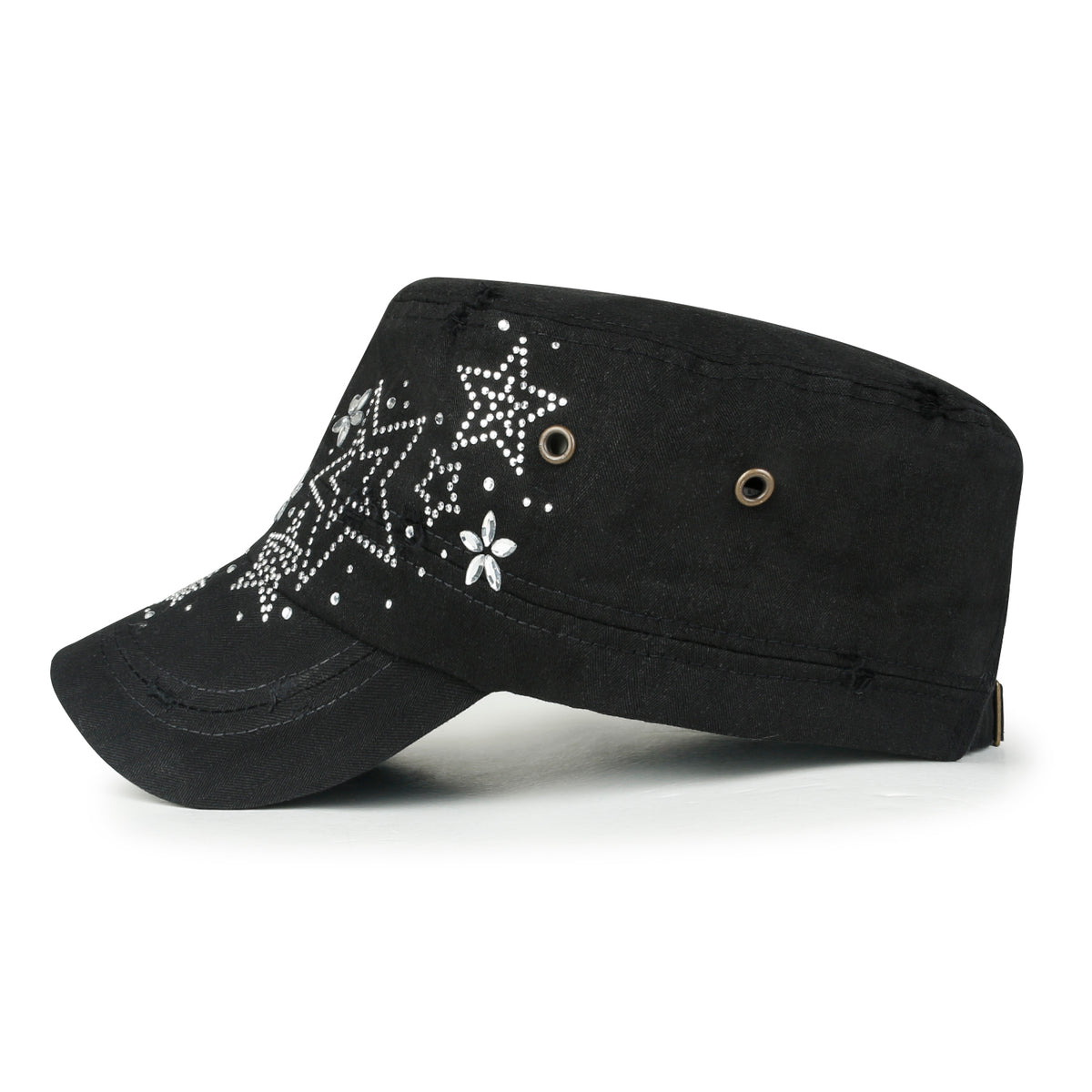 ililily Crystal Gemstone Stud Flower Vintage Cotton Military Army Hat Cadet Cap