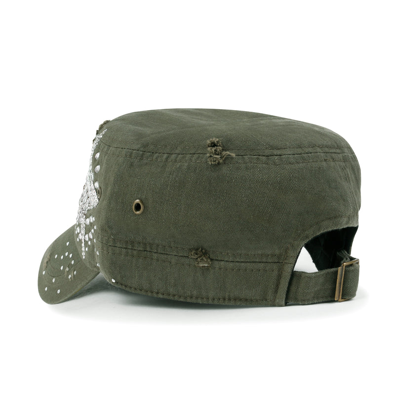 ililily Vintage Distressed Cotton Army Hat Star Shape Rhinestone Cadet Cap