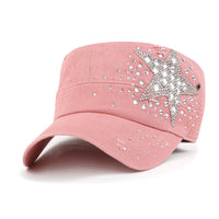 ililily Vintage Distressed Cotton Army Hat Star Shape Rhinestone Cadet Cap