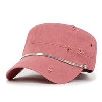 ililily Vintage Distressed Rhineston Lined Cadet Cap Cotton Army Hat