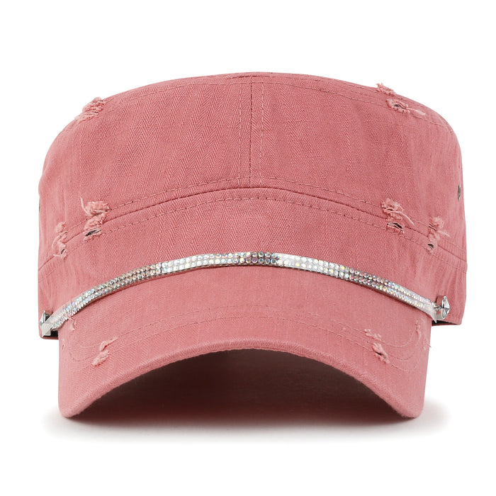 ililily Vintage Distressed Rhineston Lined Cadet Cap Cotton Army Hat