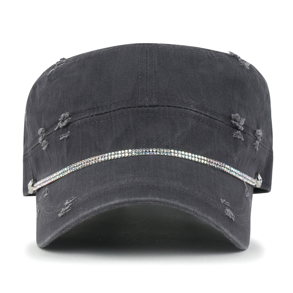 ililily Vintage Distressed Rhineston Lined Cadet Cap Cotton Army Hat