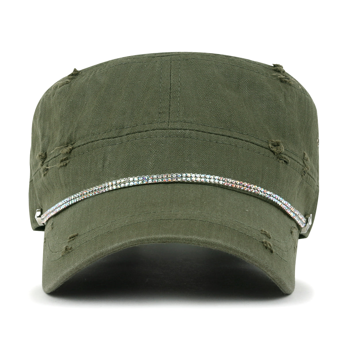 ililily Vintage Distressed Rhineston Lined Cadet Cap Cotton Army Hat