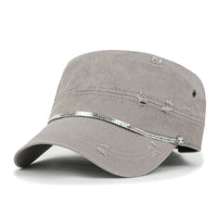 ililily Vintage Distressed Rhineston Lined Cadet Cap Cotton Army Hat