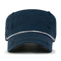 ililily Vintage Distressed Rhineston Lined Cadet Cap Cotton Army Hat