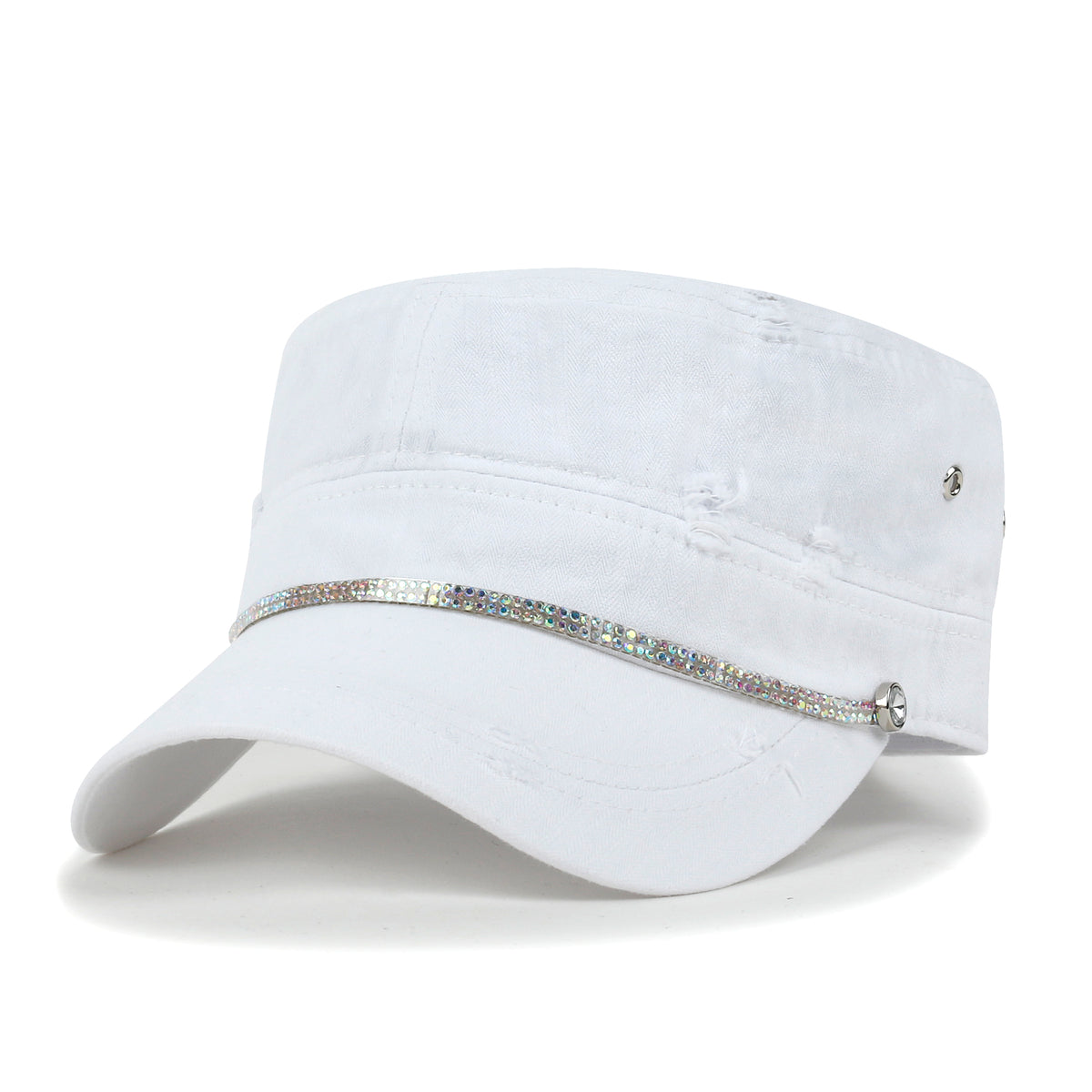 ililily Vintage Distressed Rhineston Lined Cadet Cap Cotton Army Hat