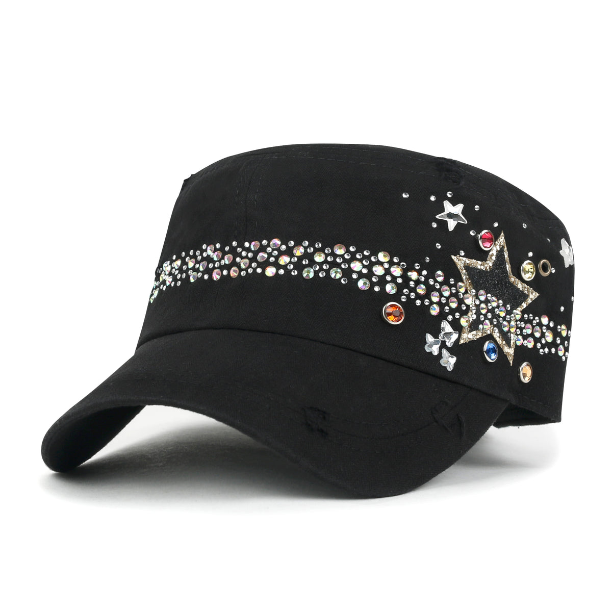 ililily Vintage Distressed Star Spangle Cotton Army Hat Rhinestone Cadet Cap