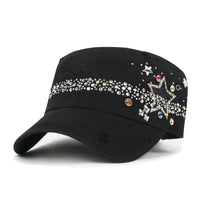 ililily Vintage Distressed Star Spangle Cotton Army Hat Rhinestone Cadet Cap