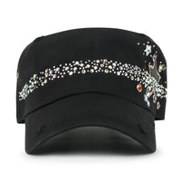 ililily Vintage Distressed Star Spangle Cotton Army Hat Rhinestone Cadet Cap
