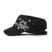 ililily Vintage Distressed Star Spangle Cotton Army Hat Rhinestone Cadet Cap