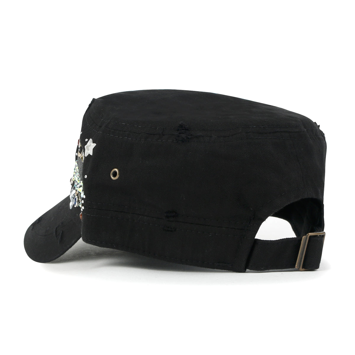 ililily Vintage Distressed Star Spangle Cotton Army Hat Rhinestone Cadet Cap