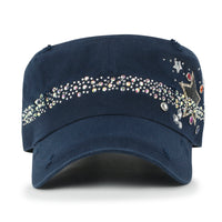 ililily Vintage Distressed Star Spangle Cotton Army Hat Rhinestone Cadet Cap