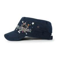 ililily Vintage Distressed Star Spangle Cotton Army Hat Rhinestone Cadet Cap