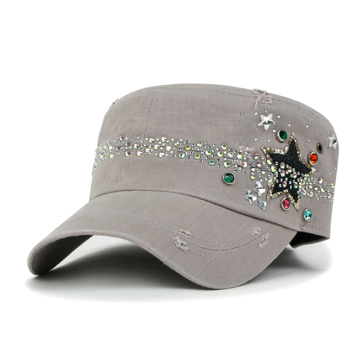 ililily Vintage Distressed Star Spangle Cotton Army Hat Rhinestone Cadet Cap