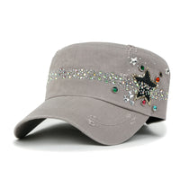 ililily Vintage Distressed Star Spangle Cotton Army Hat Rhinestone Cadet Cap