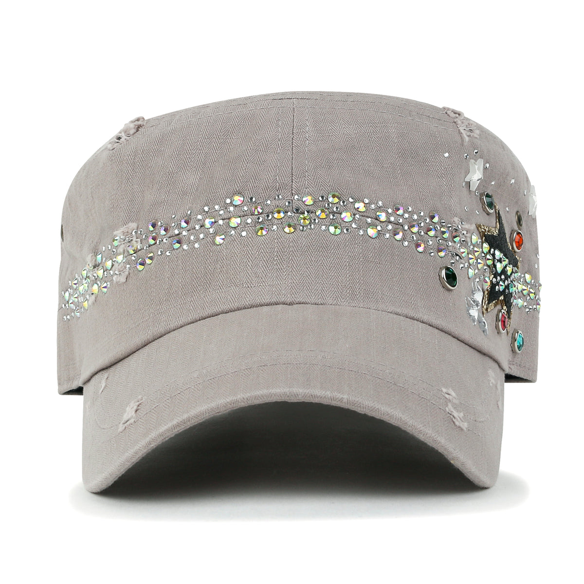 ililily Vintage Distressed Star Spangle Cotton Army Hat Rhinestone Cadet Cap