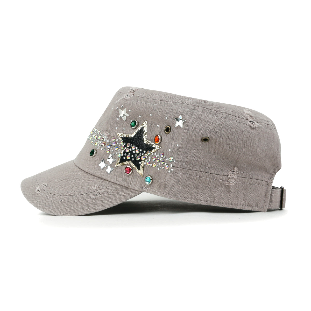ililily Vintage Distressed Star Spangle Cotton Army Hat Rhinestone Cadet Cap