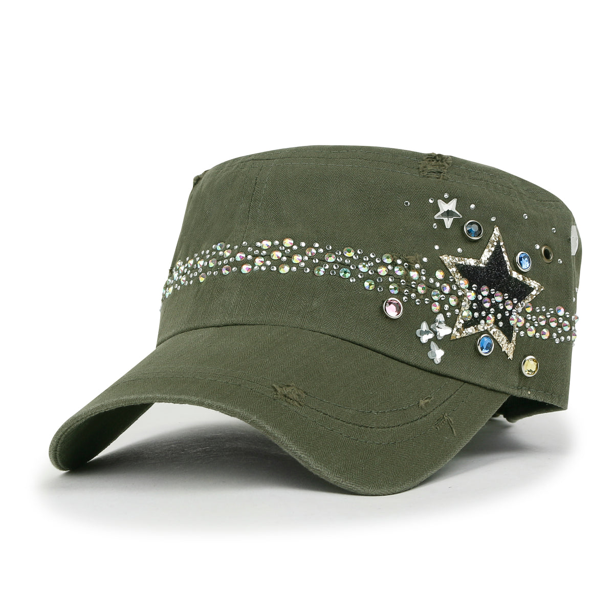 ililily Vintage Distressed Star Spangle Cotton Army Hat Rhinestone Cadet Cap