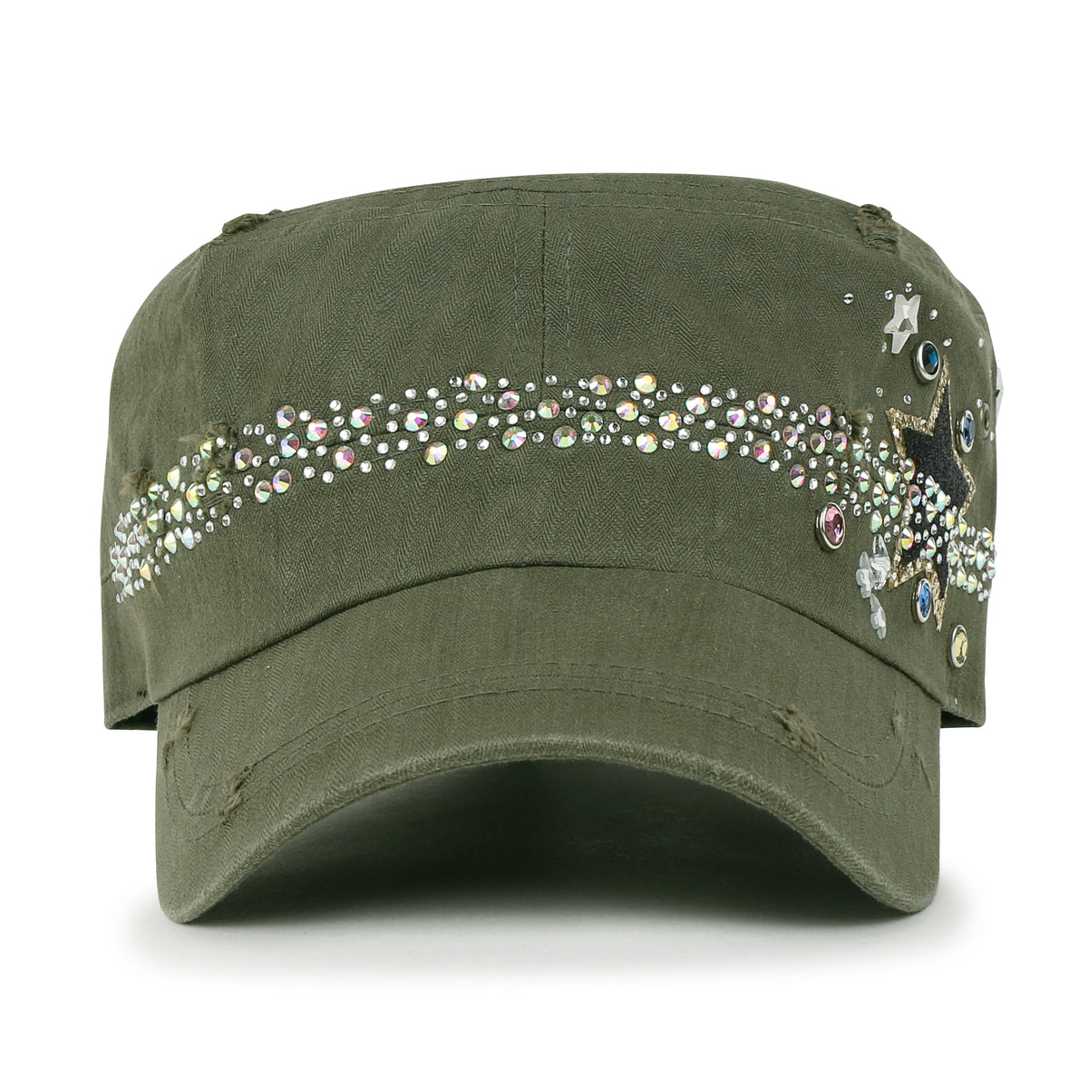 ililily Vintage Distressed Star Spangle Cotton Army Hat Rhinestone Cadet Cap