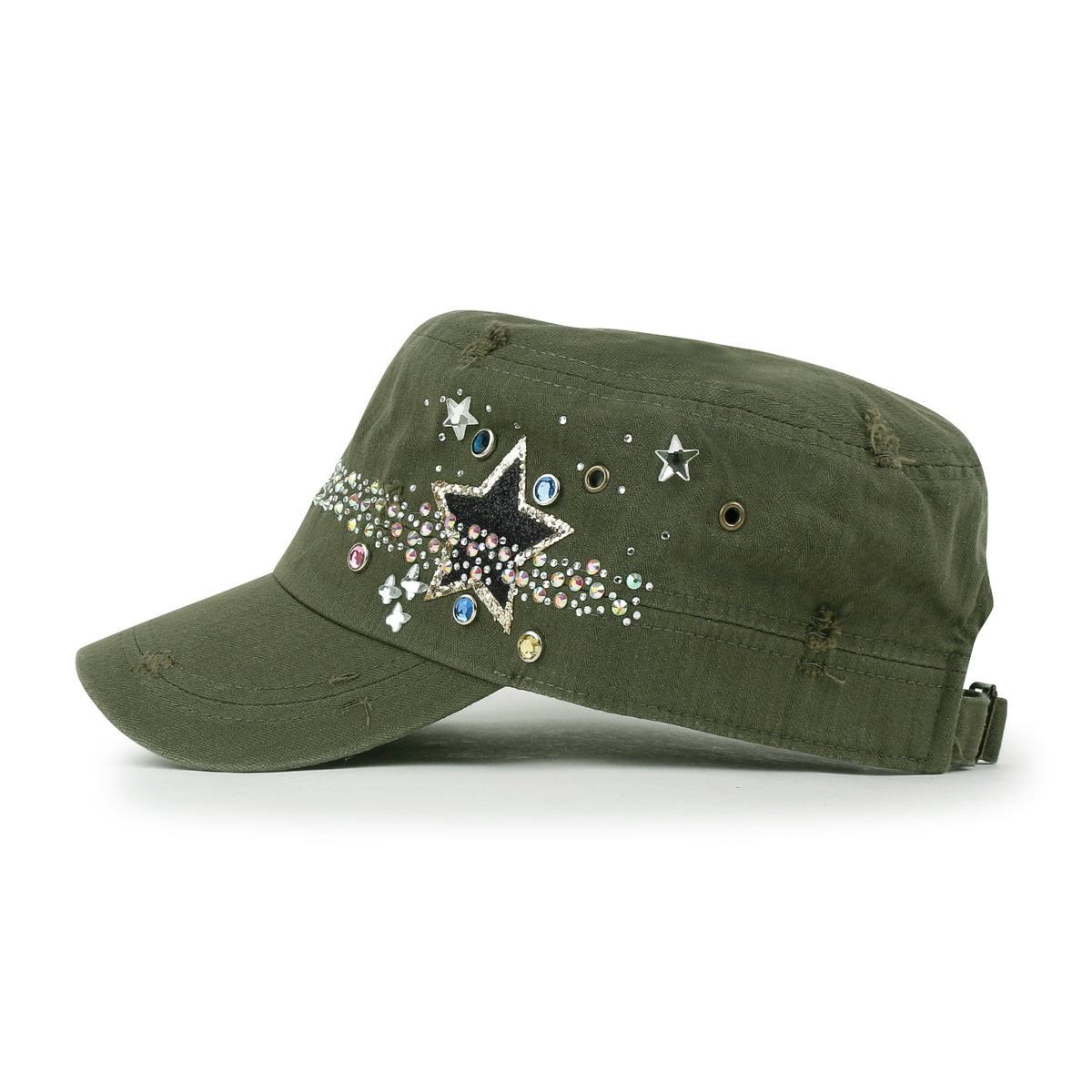 ililily Vintage Distressed Star Spangle Cotton Army Hat Rhinestone Cadet Cap