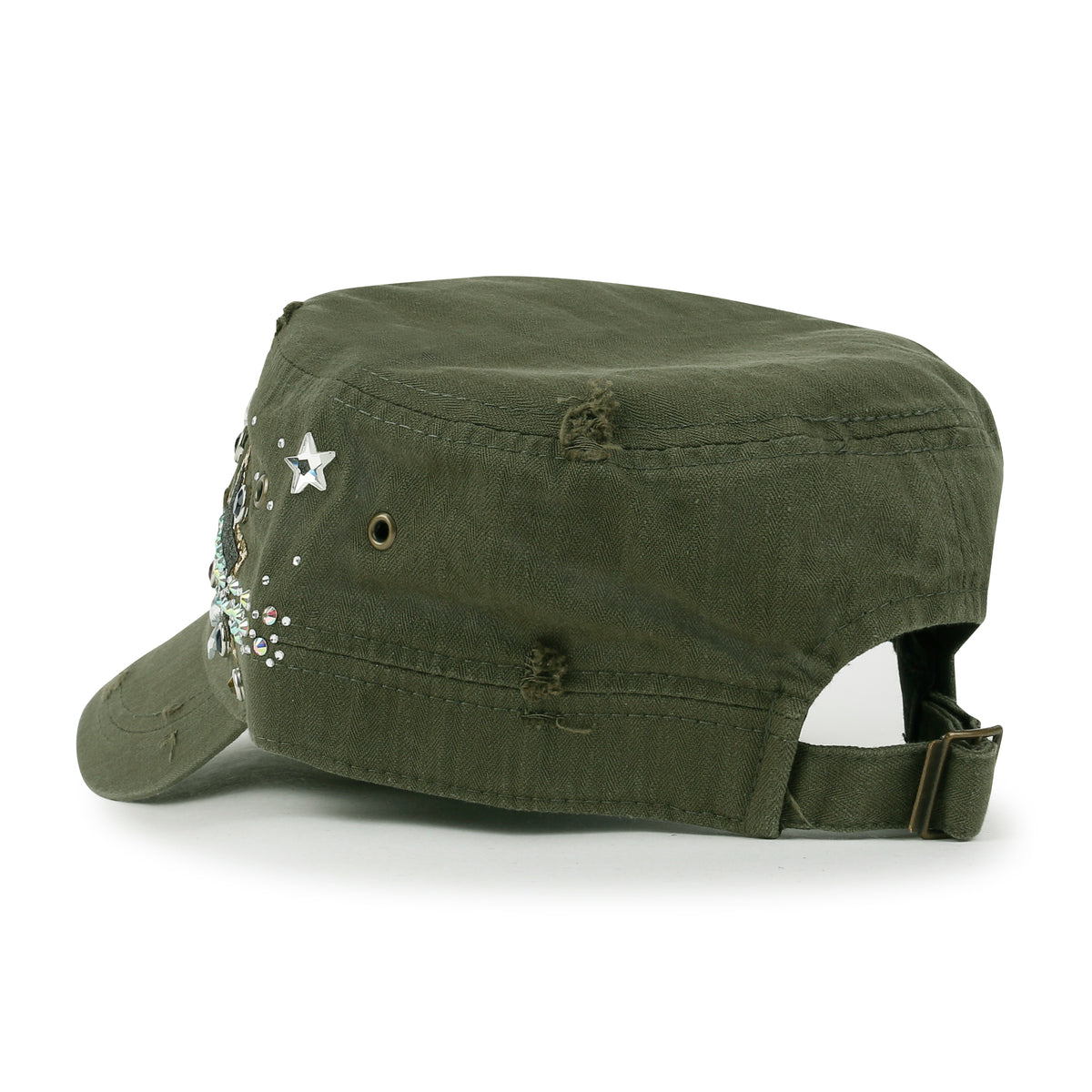 ililily Vintage Distressed Star Spangle Cotton Army Hat Rhinestone Cadet Cap