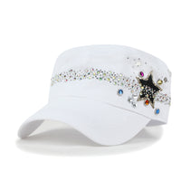 ililily Vintage Distressed Star Spangle Cotton Army Hat Rhinestone Cadet Cap