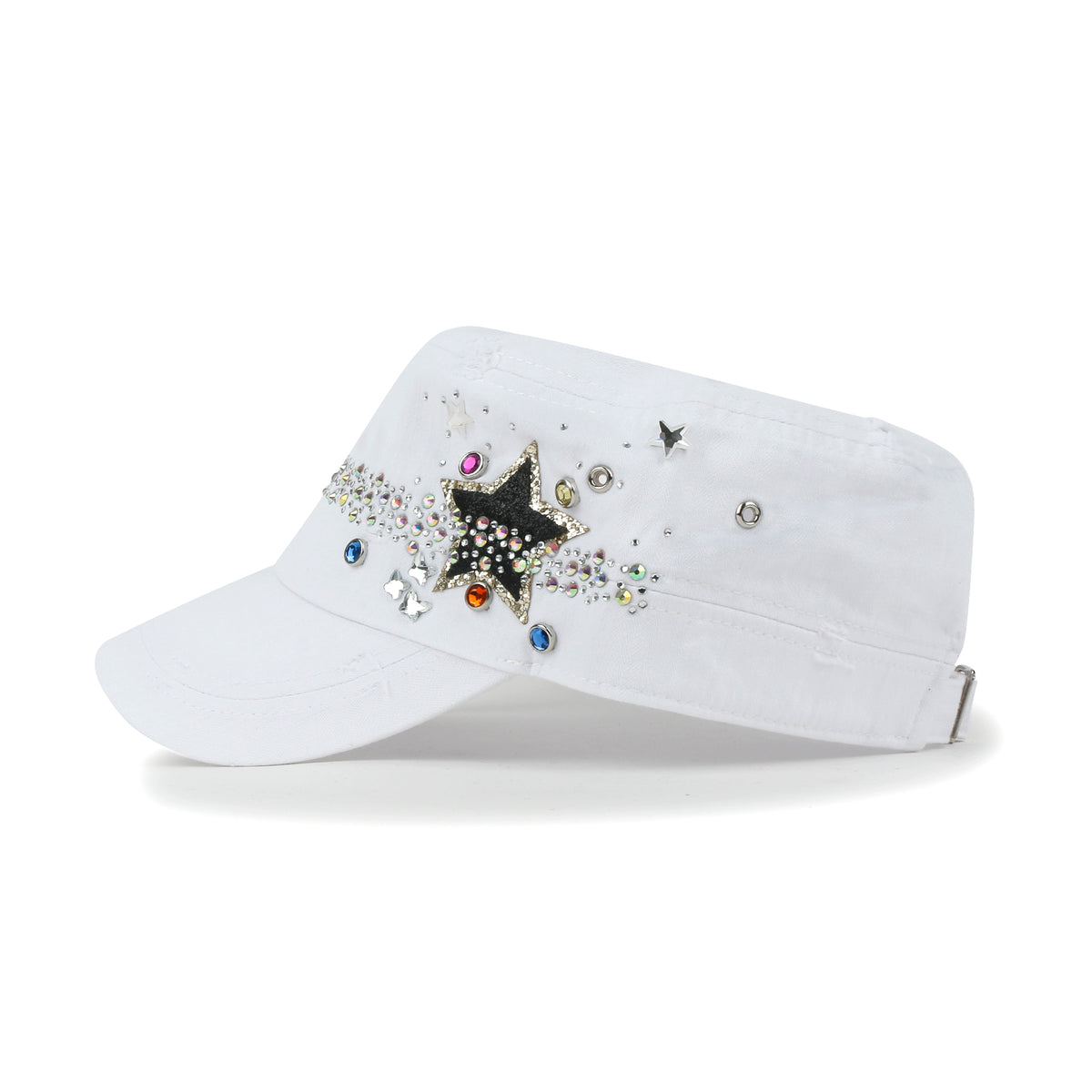 ililily Vintage Distressed Star Spangle Cotton Army Hat Rhinestone Cadet Cap