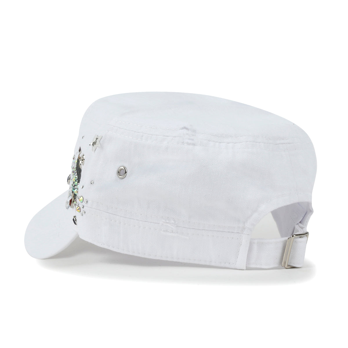 ililily Vintage Distressed Star Spangle Cotton Army Hat Rhinestone Cadet Cap