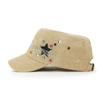 ililily Vintage Distressed Star Spangle Cotton Army Hat Rhinestone Cadet Cap