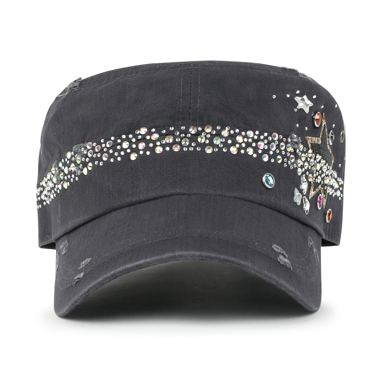 ililily Vintage Distressed Star Spangle Cotton Army Hat Rhinestone Cadet Cap