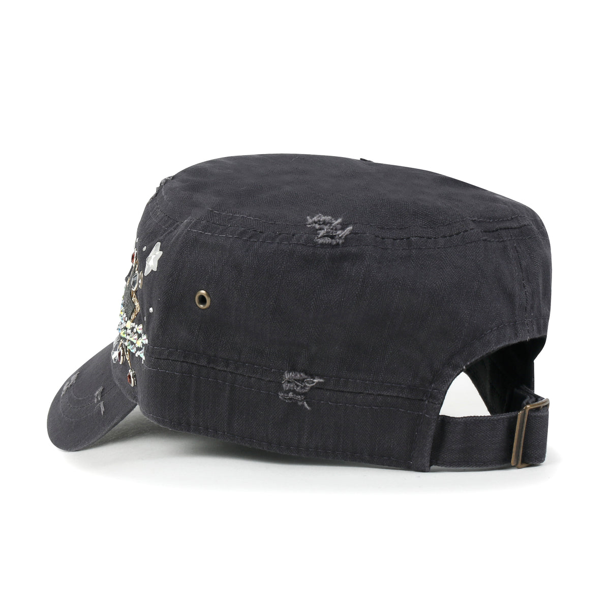 ililily Vintage Distressed Star Spangle Cotton Army Hat Rhinestone Cadet Cap